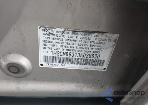 2003 Honda Accord 3.0 Lx z USA, uszkodzony, nr VIN 1HGCM66313A038620